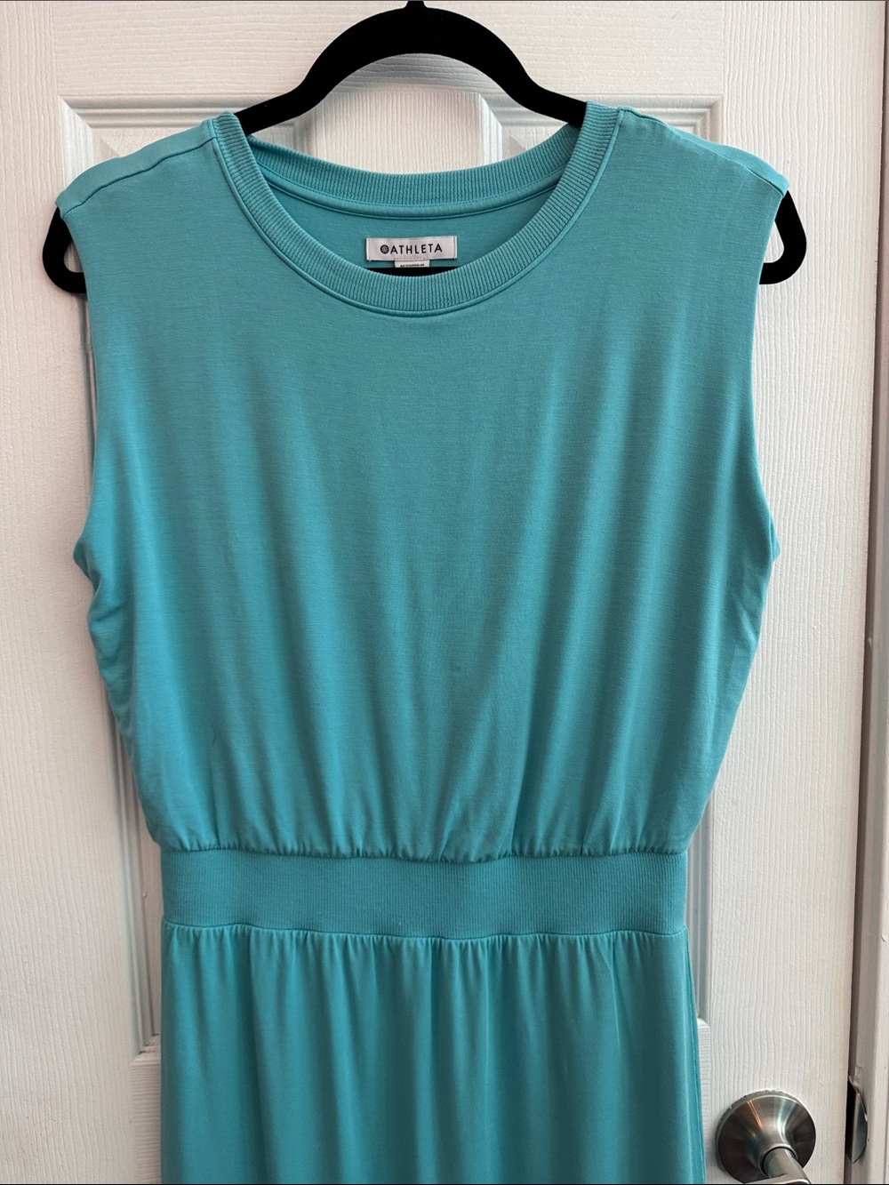 ATHLETA Santorini Cinch Jersey Knit Sleeveless Midi Dress Aqua Blue Size Small - Picture 4 of 6